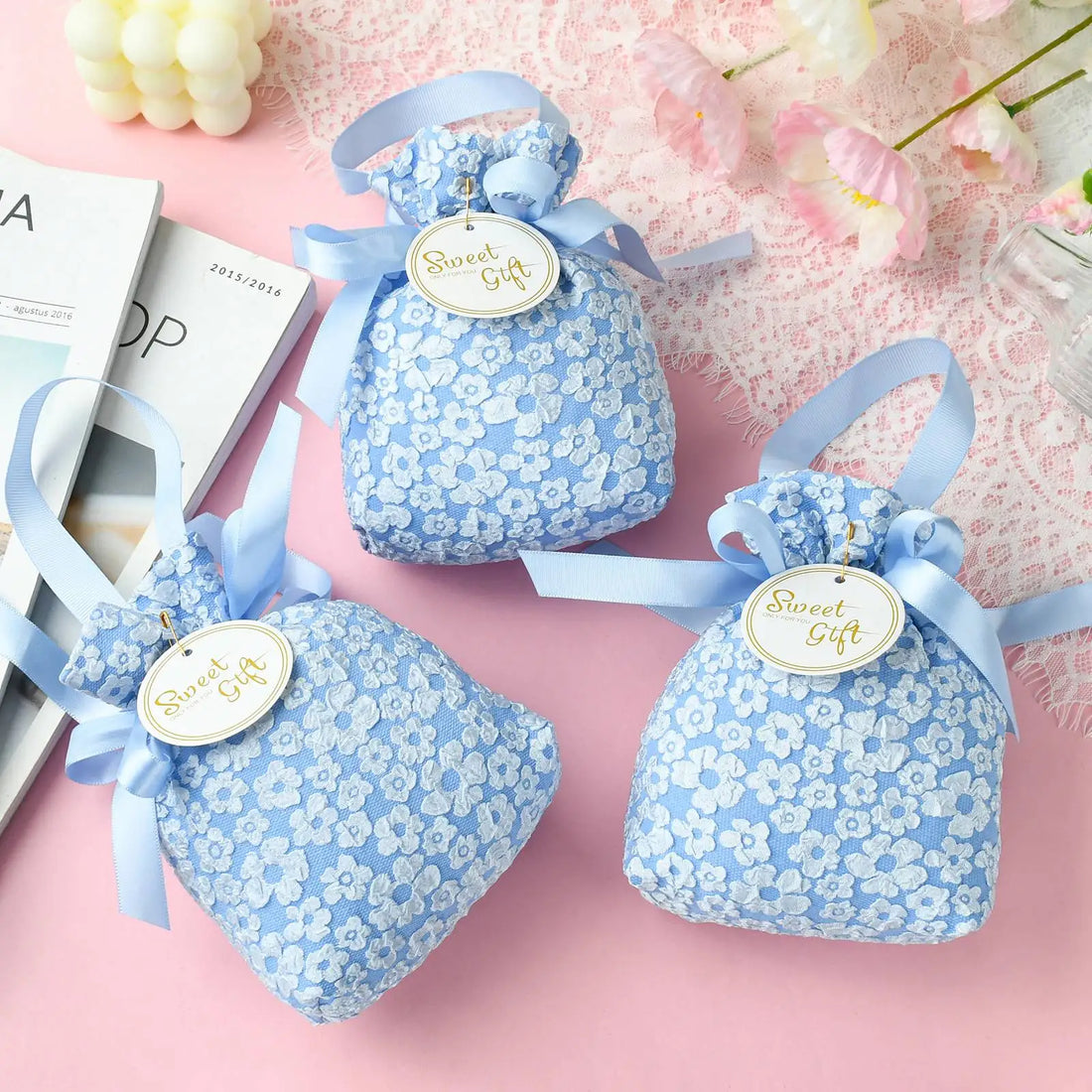 Blue Flower Drawstring Bags