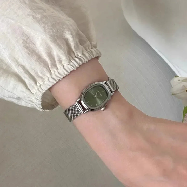 Small Oval Dial Green Watch Simple Stainless